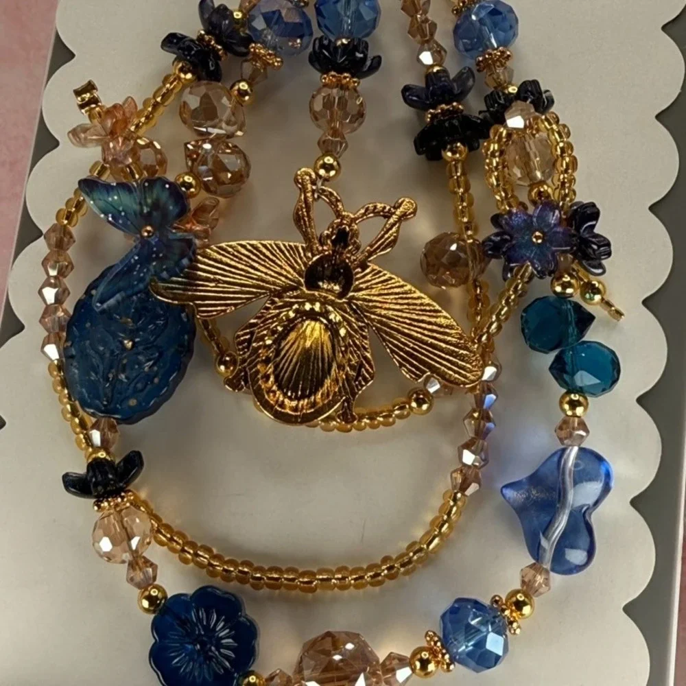 Gold Tone Bee Beaded Phone Wristlet Blue Crystal Butterfly Bag Charm Keychain